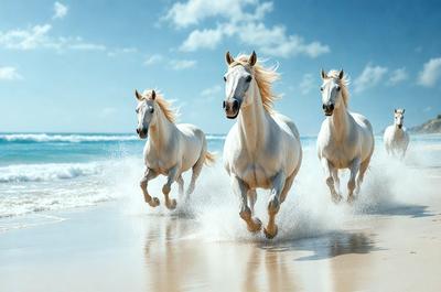 Primary subject: Three white horses running on the beach.

Setting/background: The beach, with the ocean in the background.

Visual style: The image is a photo of the three horses running on the beach.

Colors and mood: The image is in color, and the mood is energetic and lively, as the horses are running and enjoying their time on the beach.