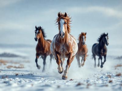 Primary subject: A brown and white horse running in the snow.

Setting/background: The horse is running through a snowy field, with a cloudy sky in the background.

Visual style: The image is a photo of the horse running in the snow.

Colors and mood: The dominant colors are white and brown, with a cold and wintry atmosphere.