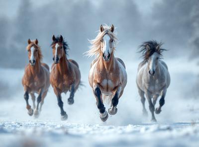 Primary subject: Horses
Setting/background: Snowy field
Visual style: Photo
Colors and mood: White snow, brown horses, and a blurred background, creating a dynamic and energetic atmosphere.