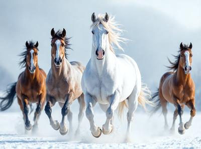 Primary subject: A white horse running in the snow.

Setting/background: The horse is running in a snowy field, with a white sky in the background.

Visual style: The image is a photo of the white horse running in the snow.

Colors and mood: The dominant colors are white and gray, with a cold and snowy atmosphere.