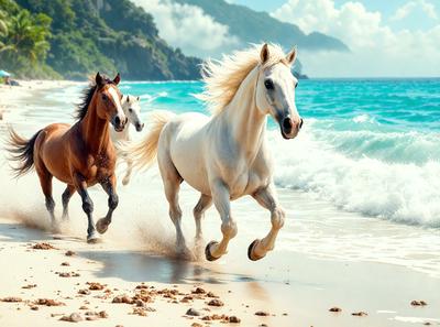 Primary subject: Three horses running on the beach.

Setting/background: The beach is the backdrop for the scene, with the ocean in the background.

Visual style: The image is a photo of the horses running on the beach.

Colors and mood: The colors in the image are predominantly shades of brown, white, and blue, creating a natural and serene atmosphere.