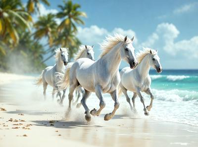 Primary subject: A group of white horses running on a beach.

Setting/background: The beach is the main environment, with the ocean in the background.

Visual style: The image is a digital art or illustration of the horses running on the beach.

Colors and mood: The dominant colors are white and blue, with a lively and energetic atmosphere.