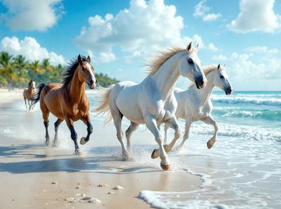 Primary subject: Three horses running on the beach.

Setting/background: The beach is the environment, and the ocean is visible in the background.

Visual style: The image is a photo of the horses running on the beach.

Colors and mood: The colors are predominantly white and blue, with the ocean providing a calming atmosphere.