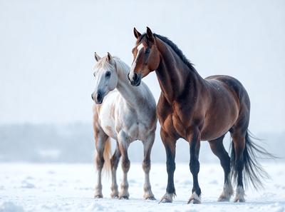 The primary subject of the image is a brown horse standing next to a white horse in a snowy environment. The setting is a snow-covered field, and the visual style appears to be a photo. The dominant colors in the image are white and brown, creating a cold and wintry atmosphere.
