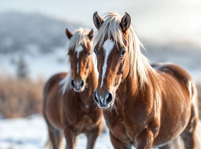 The primary subject of the image is a brown horse with a white stripe on its face. The horse is standing in a snowy environment, with a mountainous background visible. The visual style of the image is a photo, capturing the horse in its natural habitat. The colors and mood of the image are predominantly brown and white, with a sense of tranquility and beauty.