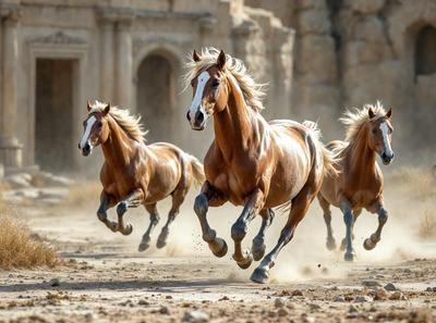 Primary subject: Horses
Setting/background: Dirt road
Visual style: Photo
Colors and mood: Brown and dusty