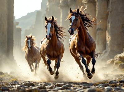 Primary subject: Three brown horses running on a dirt road.

Setting/background: The horses are running on a dirt road, with a rocky hillside in the background.

Visual style: The image is a photo of the three horses running.

Colors and mood: The image has a warm and dynamic color palette, with the brown horses and the dirt road creating a sense of motion and energy.