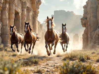 Primary subject: Horses running in a dirt road.
Setting/background: Ancient ruins in the background.
Visual style: Photo.
Colors and mood: The image is in black and white, giving it a classic and timeless feel.