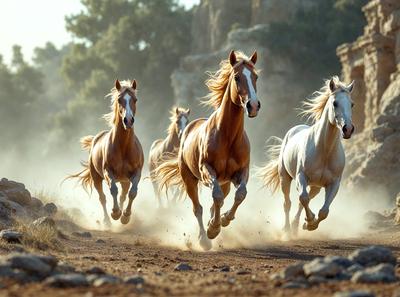 Primary subject: Horses running in a dirt field.
Setting/background: A rocky hillside with trees in the background.
Visual style: A photo of the horses running.
Colors and mood: The image is in black and white, giving it a classic and timeless feel.