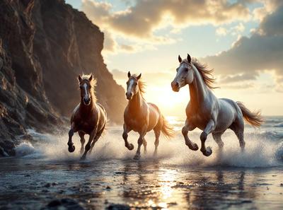 Primary subject: Three horses running on the beach.

Setting/background: The beach is the setting, with the ocean in the background.

Visual style: The image is a photo of the three horses running on the beach.

Colors and mood: The colors are predominantly shades of brown, white, and blue, creating a serene and natural atmosphere.