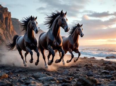 Primary subject: Three horses running on the beach.

Setting/background: The beach is the setting, with the ocean in the background.

Visual style: The image is a photo of the horses running on the beach.

Colors and mood: The colors are predominantly brown and white, with a warm and energetic atmosphere.