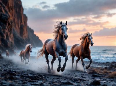 Primary subject: Three horses running on a beach.

Setting/background: The beach is covered in sand, and there is a rocky cliff in the background.

Visual style: The image is a photo of the horses running on the beach.

Colors and mood: The image has a warm and vibrant color palette, with the horses' coats and the beach's sand and sky creating a lively atmosphere.