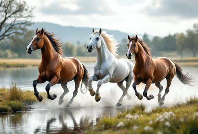 Primary subject: Four horses running through a field.

Setting/background: The horses are running through a field with a body of water nearby.

Visual style: The image is a photo of the horses in action.

Colors and mood: The image has a vibrant and energetic atmosphere, with the horses' movement and the surrounding environment.