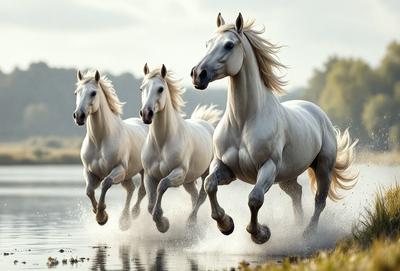 Primary subject: A group of white horses running through a body of water.

Setting/background: The horses are running through a river, with trees in the background.

Visual style: The image is a photo of the horses running through the water.

Colors and mood: The image has a vibrant and lively atmosphere, with the white horses and the water creating a sense of motion and energy.