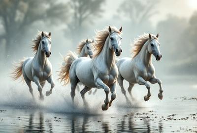 Primary subject: A group of white horses running through a body of water.

Setting/background: The scene takes place in a body of water, possibly a lake or a river, with a misty atmosphere.

Visual style: The image is a digital artwork, featuring a beautifully rendered scene of the horses running through the water.

Colors and mood: The dominant colors in the image are white and gray, creating a serene and peaceful atmosphere. The horses' manes and tails are also dep