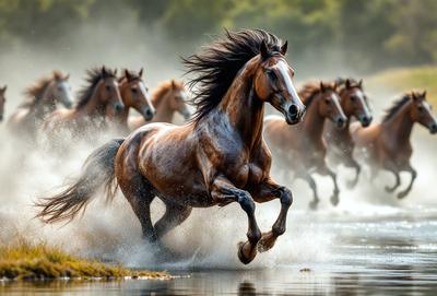 Primary subject: A brown horse running through water.

Setting/background: The horse is running through a river, surrounded by a lush green field.

Visual style: The image is a photo of the horse in motion.

Colors and mood: The dominant colors are brown and green, creating a natural and serene atmosphere.