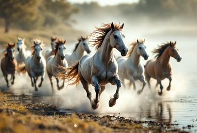 Primary subject: A group of horses running through a field.

Setting/background: The horses are running through a field with water nearby.

Visual style: The image is a photo of the horses running.

Colors and mood: The image has a vibrant and energetic atmosphere, with the horses' movement and the surrounding environment.