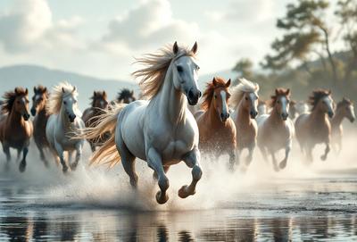 Primary subject: A white horse running through a field.

Setting/background: The horse is running through a field with mountains in the background.

Visual style: The image is a photo of the horse running.

Colors and mood: The image has a vibrant and energetic atmosphere, with the white horse standing out against the natural backdrop.