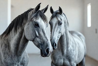 The primary subject of the image is two horses standing next to each other. They are positioned in a setting with a wall in the background. The visual style of the image is a black and white photo, which adds a classic and timeless feel to the scene. The colors and mood of the image are predominantly dark, with the horses being the main focus of the composition.
