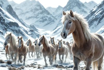 Primary subject: A herd of horses running through the snow.

Setting/background: A snowy mountain range serves as the backdrop for the scene.

Visual style: The image is a digital artwork, featuring a beautifully rendered herd of horses.

Colors and mood: The dominant colors in the image are white and gray, creating a cold and serene atmosphere.