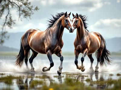 The primary subject of the image is two brown horses running through a body of water, such as a river or a lake. The setting is outdoors, with the horses surrounded by water and possibly a grassy area nearby. The visual style appears to be a photo, capturing the horses in motion. The colors in the image are predominantly brown and black, creating a sense of motion and energy. The overall atmosphere of the image is dynamic and exciting, as the horses run through the water.