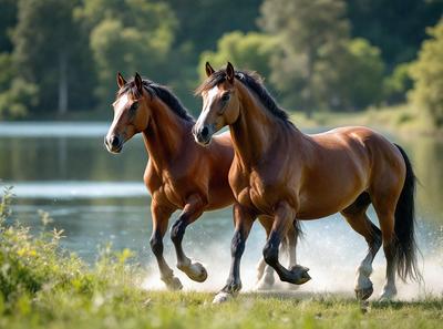 The primary subject of the image is two brown horses running through a grassy field near a body of water. The setting includes a lake and trees in the background, creating a serene and natural environment. The visual style of the image is a photo, capturing the horses in motion. The colors and mood of the scene are warm and lively, with the horses' brown coats contrasting against the green grass and the blue water.