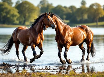 Primary subject: Two brown horses running through water.

Setting/background: The horses are running through a body of water, possibly a lake or a river.

Visual style: The image is a photo of the two horses in motion.

Colors and mood: The image is in black and white, giving it a classic and timeless feel. The horses' brown coats contrast with the water, creating a sense of movement and energy.