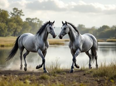 Primary subject: Two horses standing next to each other.

Setting/background: The horses are standing next to a body of water, which could be a lake or a river.

Visual style: The image is a photo of the two horses.

Colors and mood: The image has a natural and serene atmosphere, with the horses standing in the grass near the water.