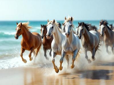 Primary subject: A group of white horses running on the beach.

Setting/background: The beach, with the ocean in the background.

Visual style: The image is a photo of the horses running on the beach.

Colors and mood: The image is in black and white, giving it a classic and timeless feel. The horses' white coats contrast with the darker tones of the beach and ocean, creating a sense of motion and energy.