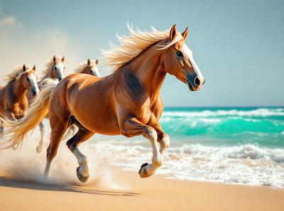 Primary subject: A brown horse running on the beach.

Setting/background: The beach with the ocean in the background.

Visual style: The image is a photo of the horse running on the beach.

Colors and mood: The image has a warm and vibrant color palette, with the brown horse and the blue ocean creating a lively and dynamic scene.