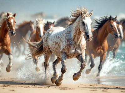 The primary subject of the image is a white and brown spotted horse running on a beach. The setting is a sandy beach with the ocean in the background. The visual style is a photo, capturing the horse in motion. The dominant colors are white, brown, and various shades of gray, creating a natural and serene atmosphere.