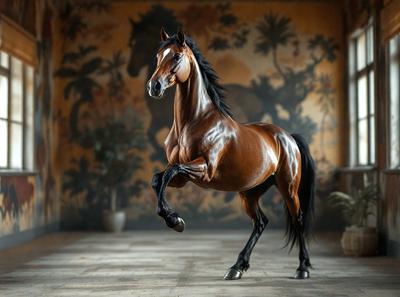 Primary subject: A brown horse with a black mane and tail, standing in a room with a tapestry on the wall.

Setting/background: The horse is standing on a stone floor, which is part of a room with a tapestry on the wall.

Visual style: The image is a photo of the horse in the room.

Colors and mood: The horse is brown, and the room has a warm and cozy atmosphere.