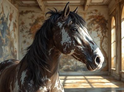 Primary subject: A brown and white spotted horse with a black mane.

Setting/background: The horse is standing in a room with a painting on the wall.

Visual style: The image is a photo of the horse.

Colors and mood: The horse has a brown and white spotted coat, and the overall atmosphere is calm and serene.