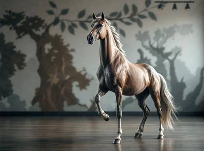 The primary subject of the image is a brown horse standing on a wooden floor. The horse is the main focus of the image, and it appears to be walking or trotting. The setting is indoors, with a wall featuring a painting of trees in the background. The visual style of the image is a combination of photo and digital art, creating a unique and artistic representation of the horse. The colors in the image are predominantly brown and beige, giving the scene a warm and natural atmosphere.