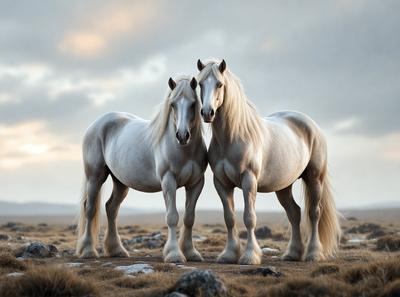 Primary subject: Two white horses standing next to each other.

Setting/background: A rocky field with a cloudy sky in the background.

Visual style: The image is a photo of the two horses.

Colors and mood: The horses are white, and the overall atmosphere is calm and serene.
