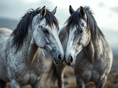 The primary subject of the image is two horses standing next to each other. They are positioned in a field, with a mountain visible in the background. The visual style of the image is a black and white photo, which adds a sense of timelessness and nostalgia to the scene. The colors and mood of the image are predominantly dark and moody, with the horses' eyes being the only source of light in the scene.