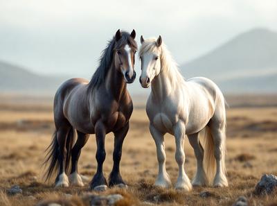 The primary subject of the image is two horses standing next to each other in a grassy field. The setting is a mountainous area, with a mountain visible in the background. The visual style is a photo, capturing the horses in their natural environment. The colors and mood of the image are predominantly earthy tones, creating a serene and natural atmosphere.
