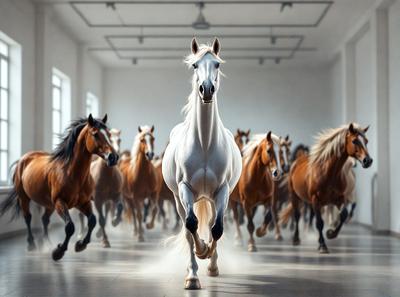 Primary subject: A white horse running in a large room.

Setting/background: The horse is running in a large room with a white wall.

Visual style: The image is a digital artwork.

Colors and mood: The image has a black and white color scheme, giving it a classic and timeless feel.