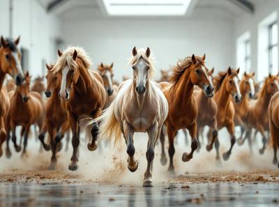 Primary subject: A group of horses running in a large, open space.

Setting/background: The horses are running on a dirt road, with a white building in the background.

Visual style: The image is a black and white photo.

Colors and mood: The mood of the image is energetic and dynamic, as the horses are captured in motion.