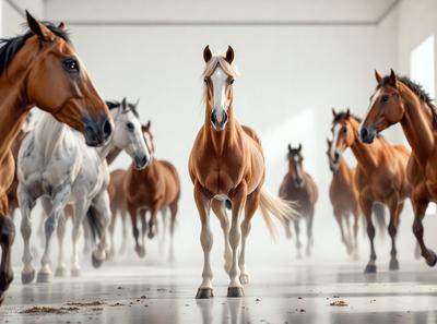 The primary subject of the image is a brown horse standing in a white room. The setting is a white room, which provides a stark contrast to the brown horse. The visual style of the image is a photo, capturing the horse in its unique environment. The colors and mood of the image are predominantly white and brown, creating a sense of contrast and simplicity.