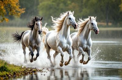 Primary subject: Four white horses running through a body of water.

Setting/background: The horses are running through a river, with trees in the background.

Visual style: The image is a photo of the four white horses running through the water.

Colors and mood: The image has a vibrant and energetic atmosphere, with the white horses and the water creating a sense of motion and freedom.