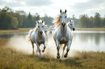 Primary subject: A group of white horses running through a field.

Setting/background: The horses are running near a body of water, which could be a lake or a river.

Visual style: The image is a photo of the horses running in the field.

Colors and mood: The scene is dominated by the white color of the horses, which gives it a clean and fresh appearance. The overall atmosphere is energetic and dynamic, as the horses are running swiftly through the field.