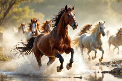 The primary subject of the image is a brown horse running through a body of water, with its mane flying in the wind. The setting is a natural environment, with the horse surrounded by water and a forest in the background. The visual style is a photo, capturing the horse in motion and the surrounding landscape. The colors and mood of the image are dynamic and energetic, with the brown horse and the water creating a sense of movement and freedom.