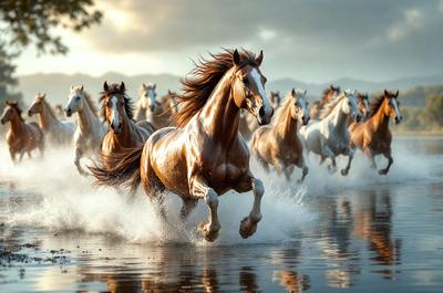 Primary subject: A brown horse running through water.

Setting/background: The horse is running through a body of water, possibly a river or a lake.

Visual style: The image is a photo of the horse running through the water.

Colors and mood: The image has a vibrant and dynamic mood, with the brown horse standing out against the water.