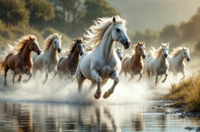 Primary subject: A white horse running through a field.

Setting/background: The horse is running through a field with trees in the background.

Visual style: The image is a photo of the horse in motion.

Colors and mood: The image has a vibrant and energetic atmosphere, with the white horse standing out against the natural surroundings.