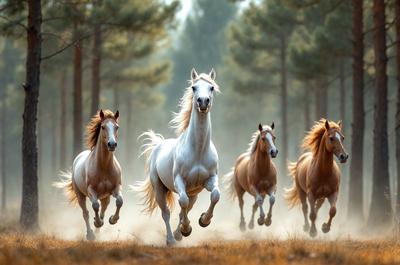 Primary subject: A white horse running through a forest.

Setting/background: The horse is running through a forest with trees in the background.

Visual style: The image is a photo of the horse running through the forest.

Colors and mood: The image has a warm and natural color palette, with the white horse contrasting against the green trees and brown forest floor. The mood of the image is energetic and dynamic, as the horse appears to be running with speed and grace.