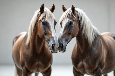 The primary subject of the image is two brown horses standing next to each other. They are positioned in a setting with a concrete background. The visual style of the image is a photo, capturing the horses' close interaction. The colors and mood of the image are warm and friendly, as the horses appear to be enjoying each other's company.