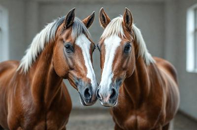 The primary subject of the image is two brown horses standing next to each other. They are positioned in a way that their heads are touching or almost touching, creating a sense of closeness and connection between the two animals. The setting appears to be an outdoor environment, possibly a stable or a field. The visual style of the image is a close-up of the horses, emphasizing their features and expressions. The colors in the image are predominantly brown, which adds to the natural and earthy atmosphere of the scene.