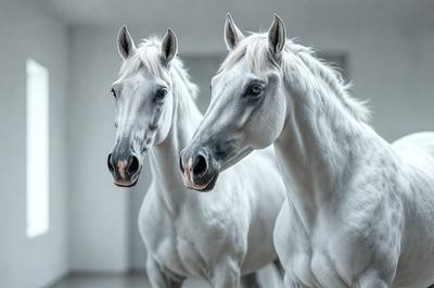 The primary subject of the image is two white horses standing next to each other. They are the main focus of the scene. The setting is a room with a wall visible in the background. The visual style is a black and white photo, which adds a classic and timeless feel to the image. The dominant colors are white, which creates a clean and elegant atmosphere.