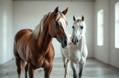 The primary subject of the image is a brown horse standing next to a white horse. They are both positioned in a room, with the brown horse on the left and the white horse on the right. The setting appears to be a barn or a similar indoor environment. The visual style of the image is a black and white photo, which adds a classic and timeless feel to the scene. The dominant colors in the image are black and white, with the brown horse having a reddish hue. The overall atmosphere of the image